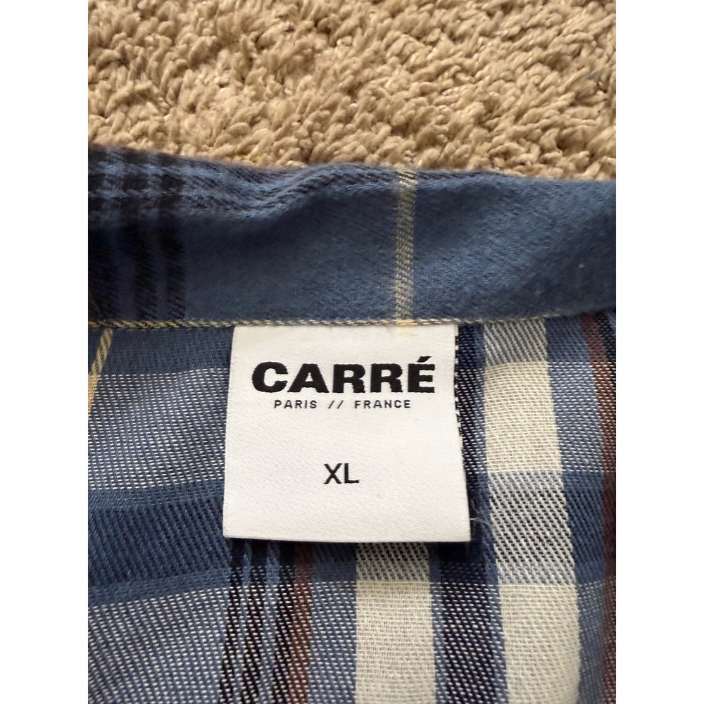 Carre Paris France Blue Plaid Flannel Button Down Shirt Mens XL Camp Collar - Picture 2 of 6
